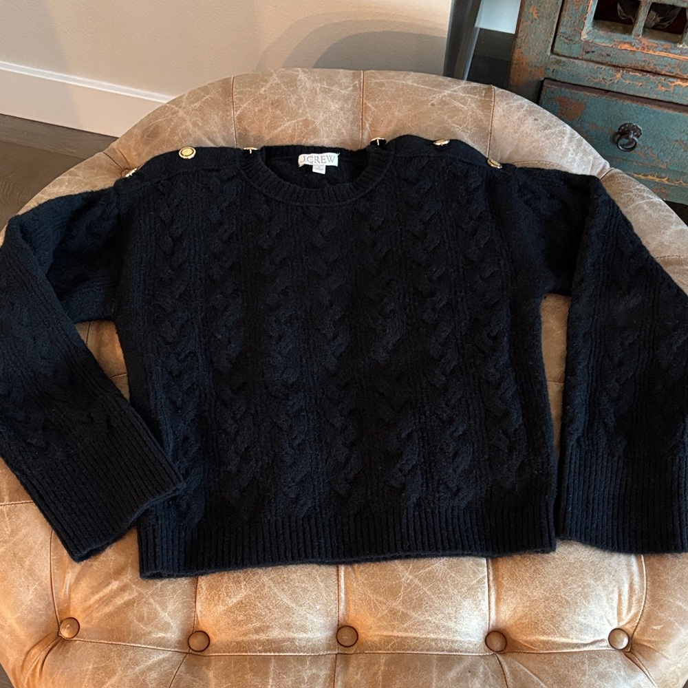 J. Crew Black Cable Knit Sweater with Gold Button Accents Size S